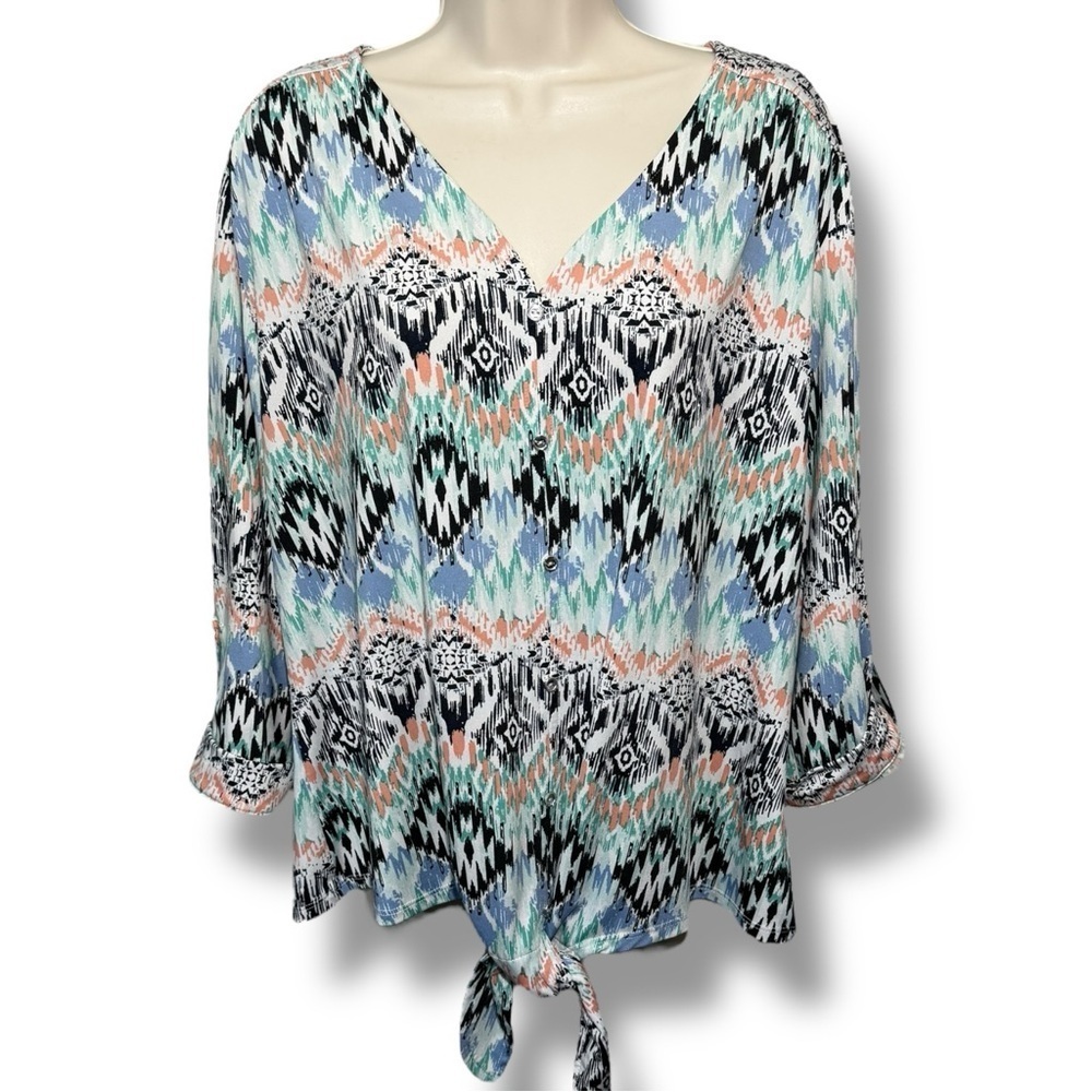 New Directions Women’s Roll Tab Sleeve Tie Front Blouse Multicolor Size XL